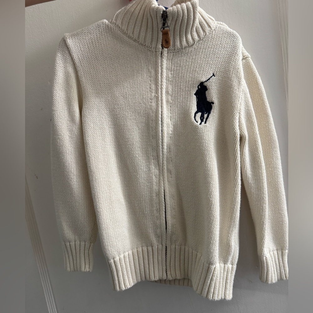 Ralph Lauren Cream Full-Zip Knit Sweater with Navy Polo Emblem